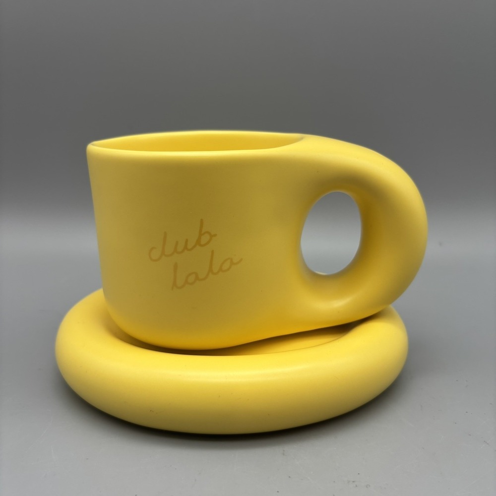 Ceramic Coffee Tea Mug Cup Saucer Chubby Puffy Oversize Handle Yellow Chunky Set